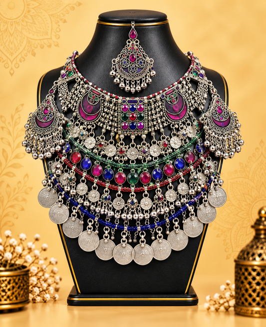 Multicolour Afghan Necklace and Tikka Set