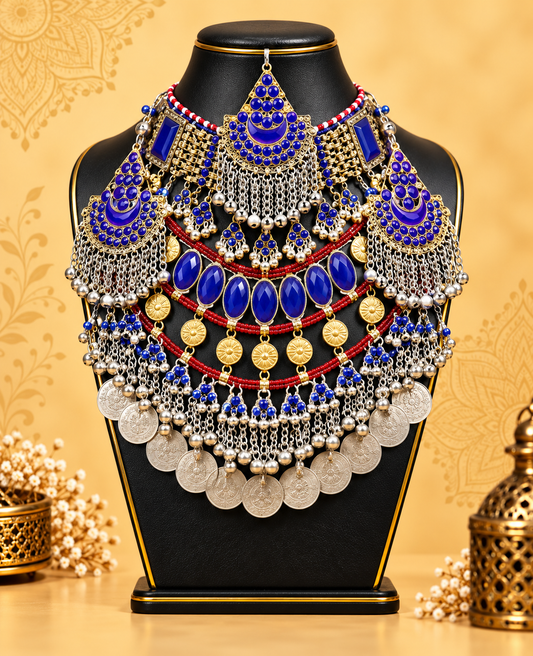 Royal Blue Afghan Necklace and Tikka Set