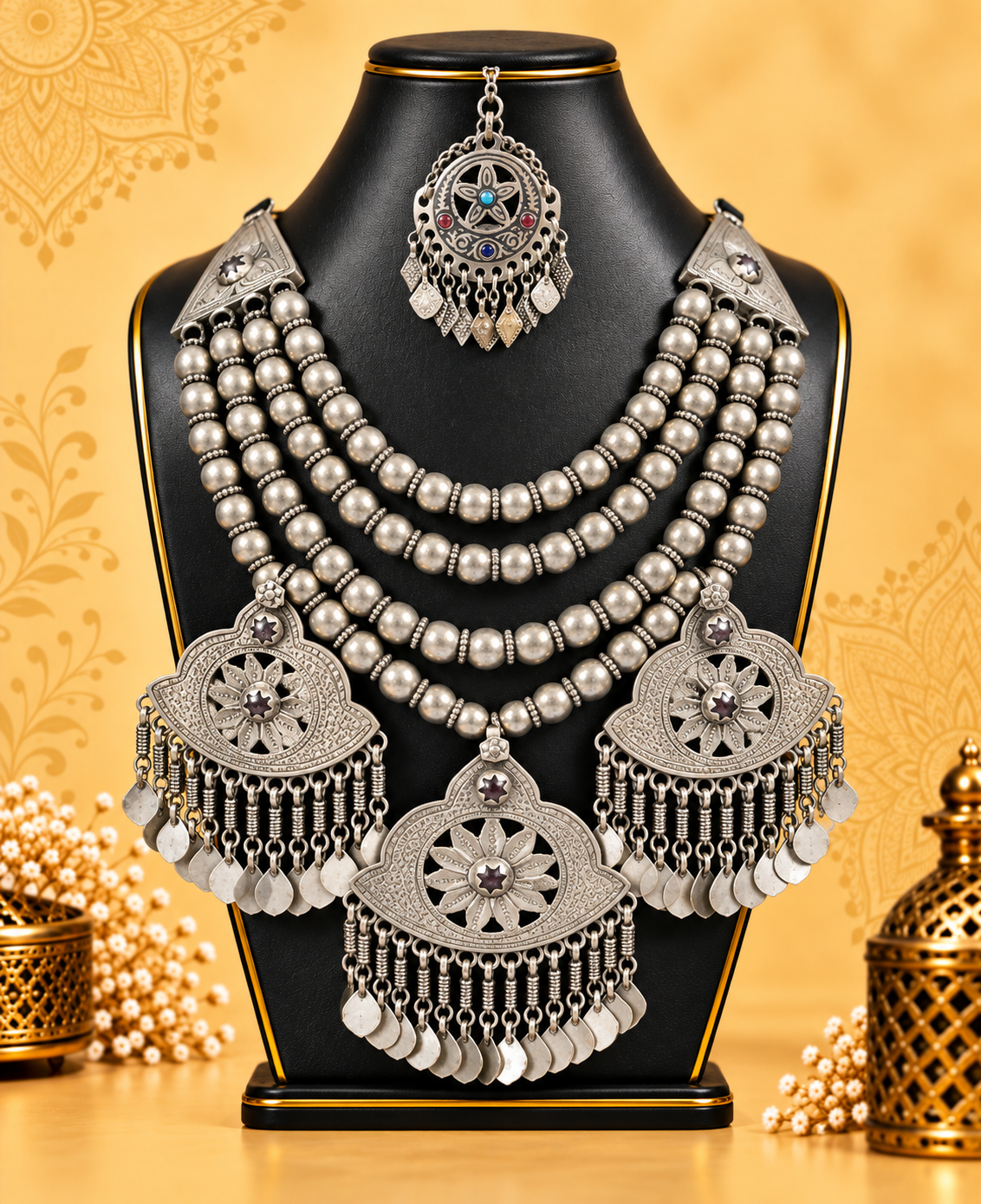 Traditional Afghan Multi-Layer Silver-Tone Necklace