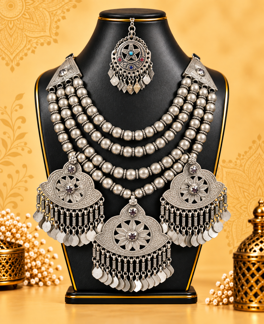 Traditional Afghan Multi-Layer Silver-Tone Necklace