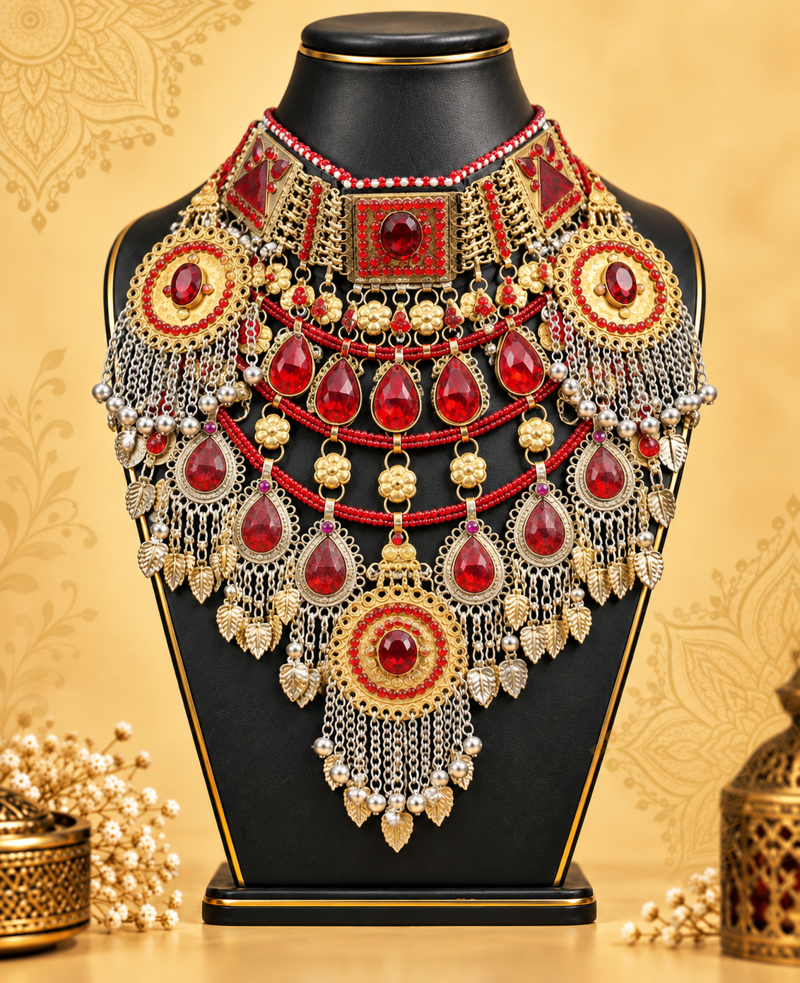 Crimson Teardrop Afghan Statement Necklace