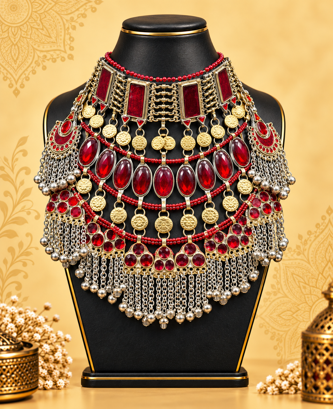 Ruby Red Afghan Chain-Fringe Necklace