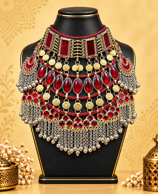 Ruby Red Afghan Chain-Fringe Necklace
