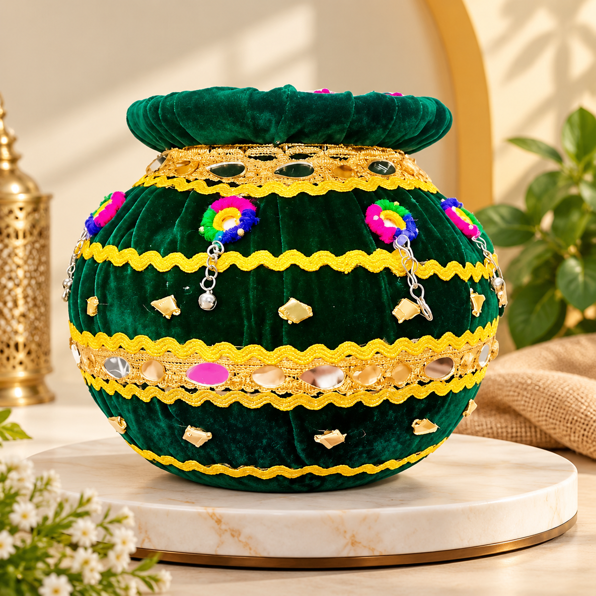 Emerald Green Velvet Decorative Pot