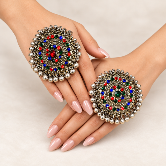 Royal Multicolor Medallion Statement Ring Pair