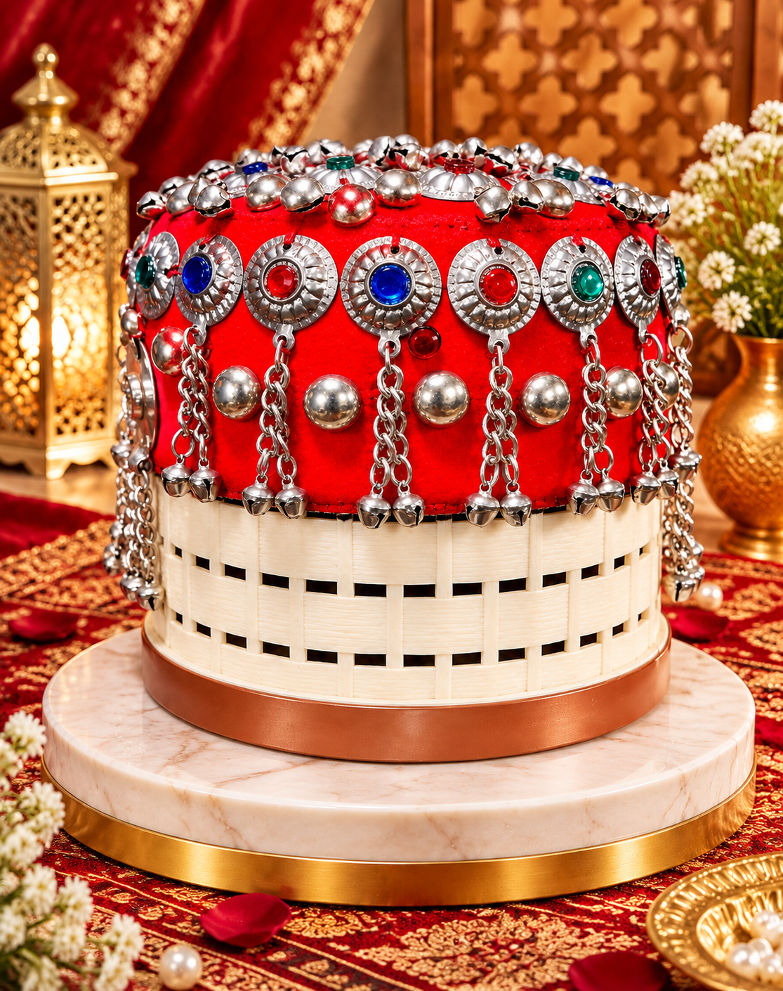 Royal Red Tribal Embellished Basket Cap