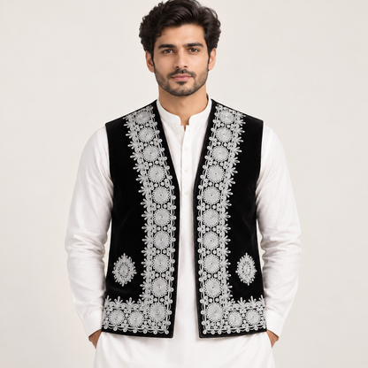 Royal Noir Embroidered Velvet Waistcoat