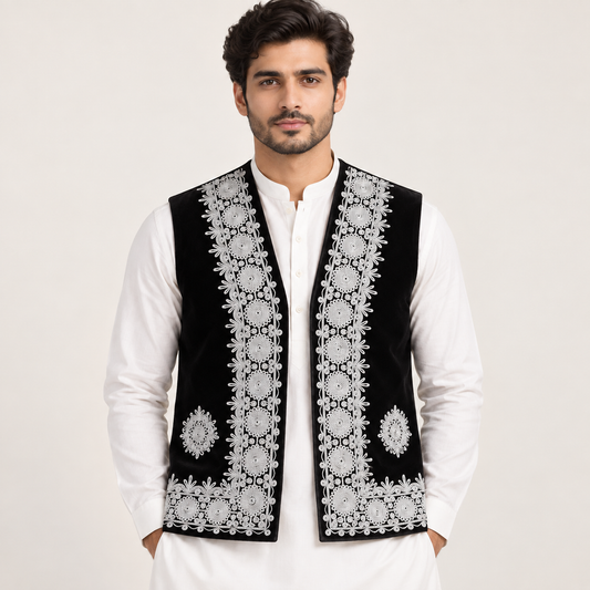 Royal Noir Embroidered Velvet Waistcoat