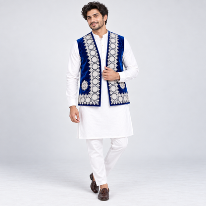 Royal Sapphire Embroidered Velvet Waistcoat