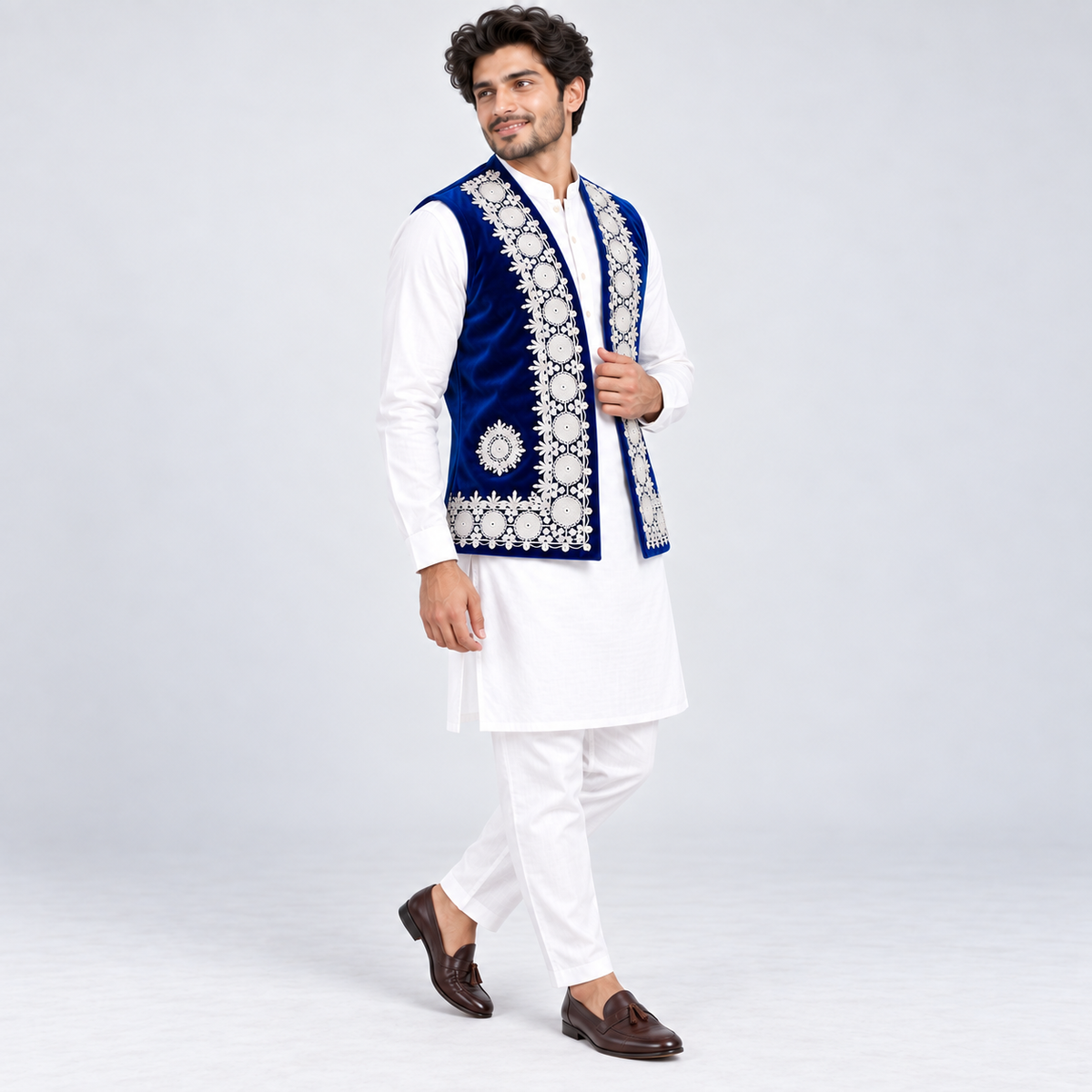 Royal Sapphire Embroidered Velvet Waistcoat