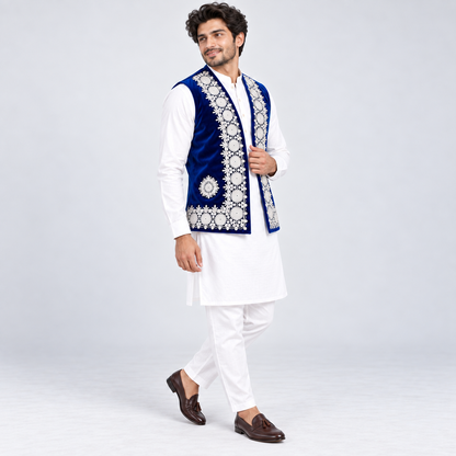 Royal Sapphire Embroidered Velvet Waistcoat