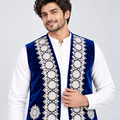 Royal Sapphire Embroidered Velvet Waistcoat