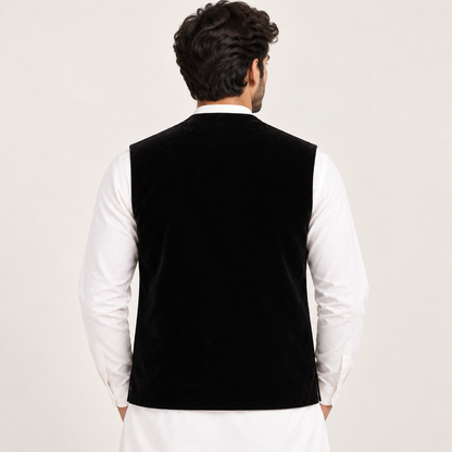 Royal Noir Embroidered Velvet Waistcoat