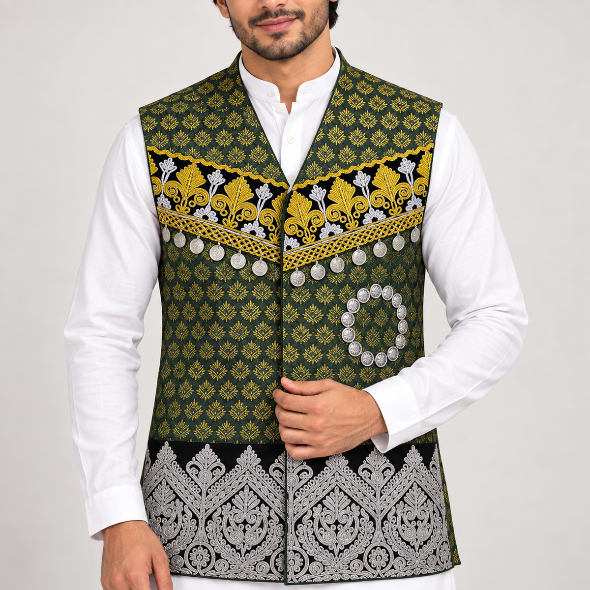 Heritage Olive Regal Embroidered Waistcoat