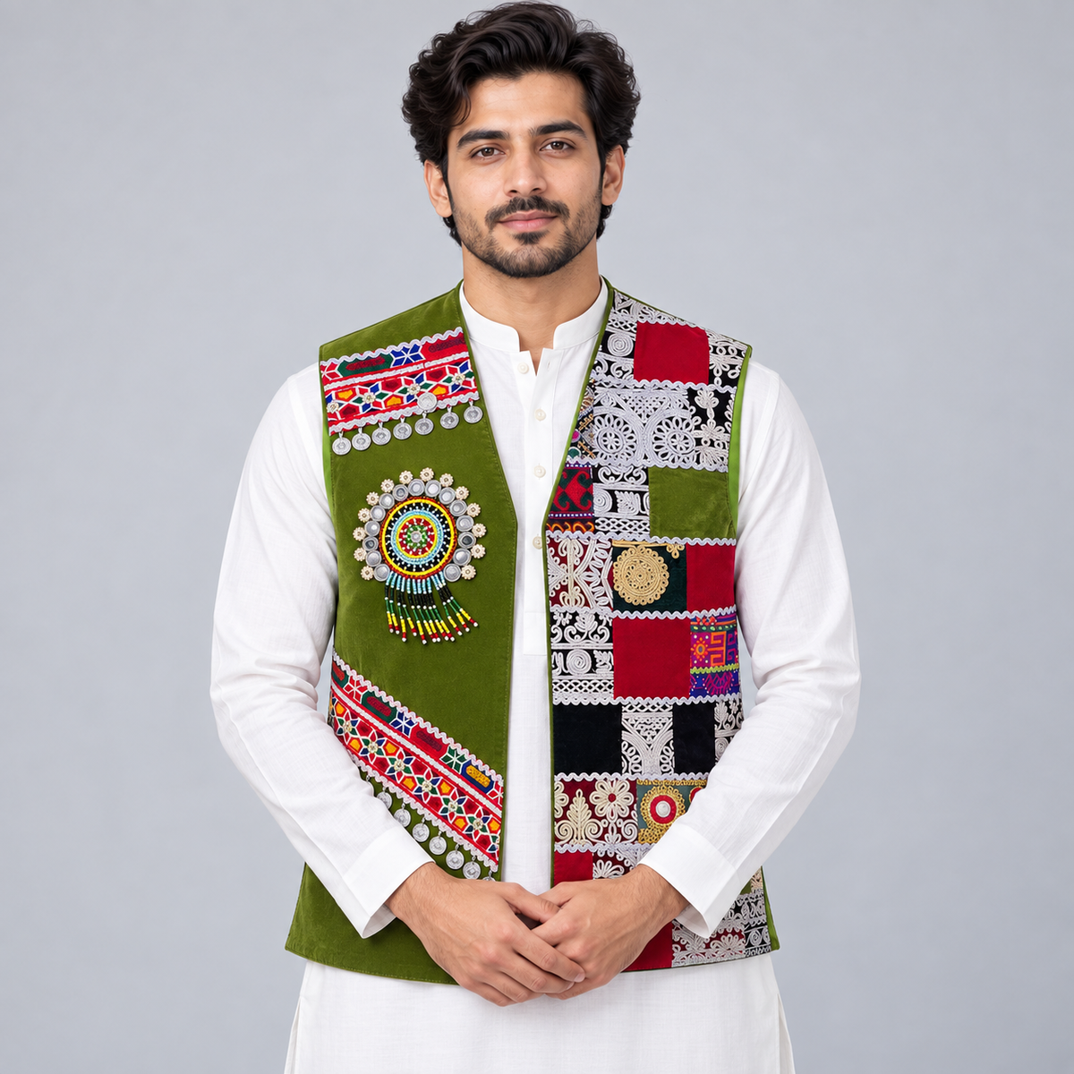 Heritage Olive Patchwork Embellished Waistcoat