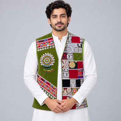 Heritage Olive Patchwork Embellished Waistcoat