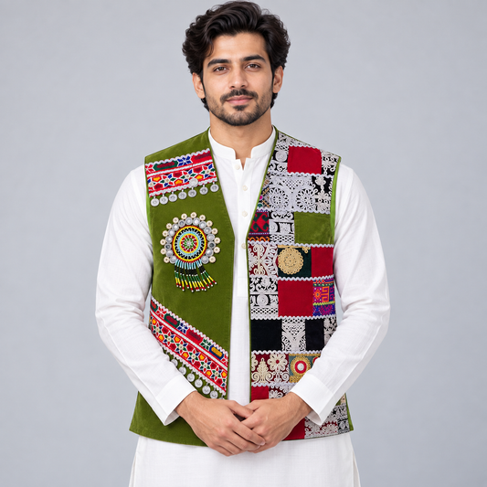 Heritage Olive Patchwork Embellished Waistcoat
