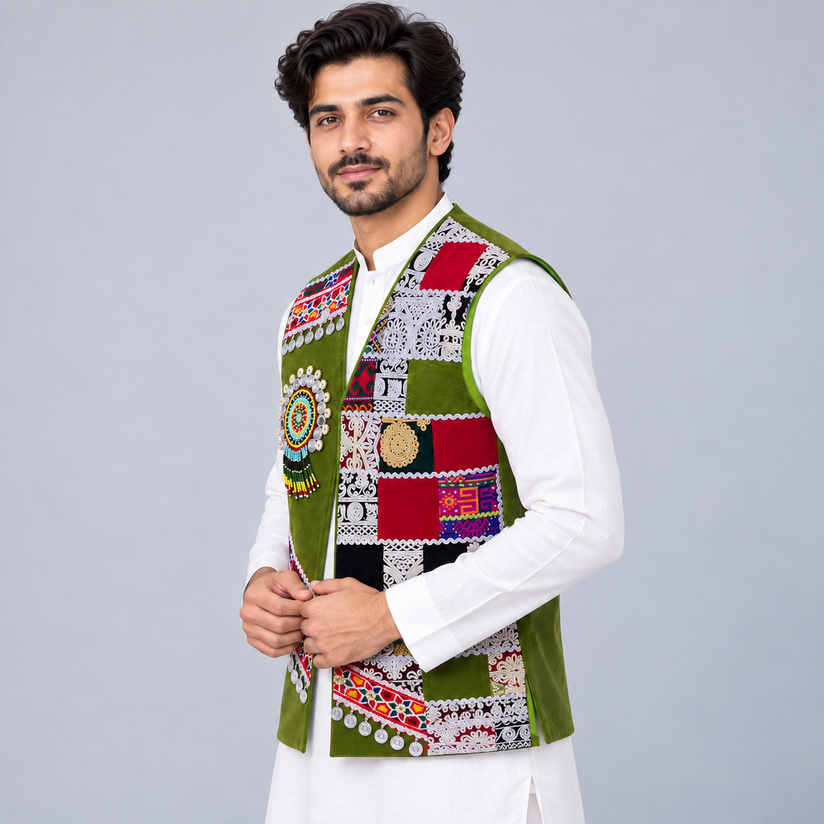 Heritage Olive Patchwork Embellished Waistcoat