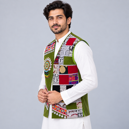 Heritage Olive Patchwork Embellished Waistcoat