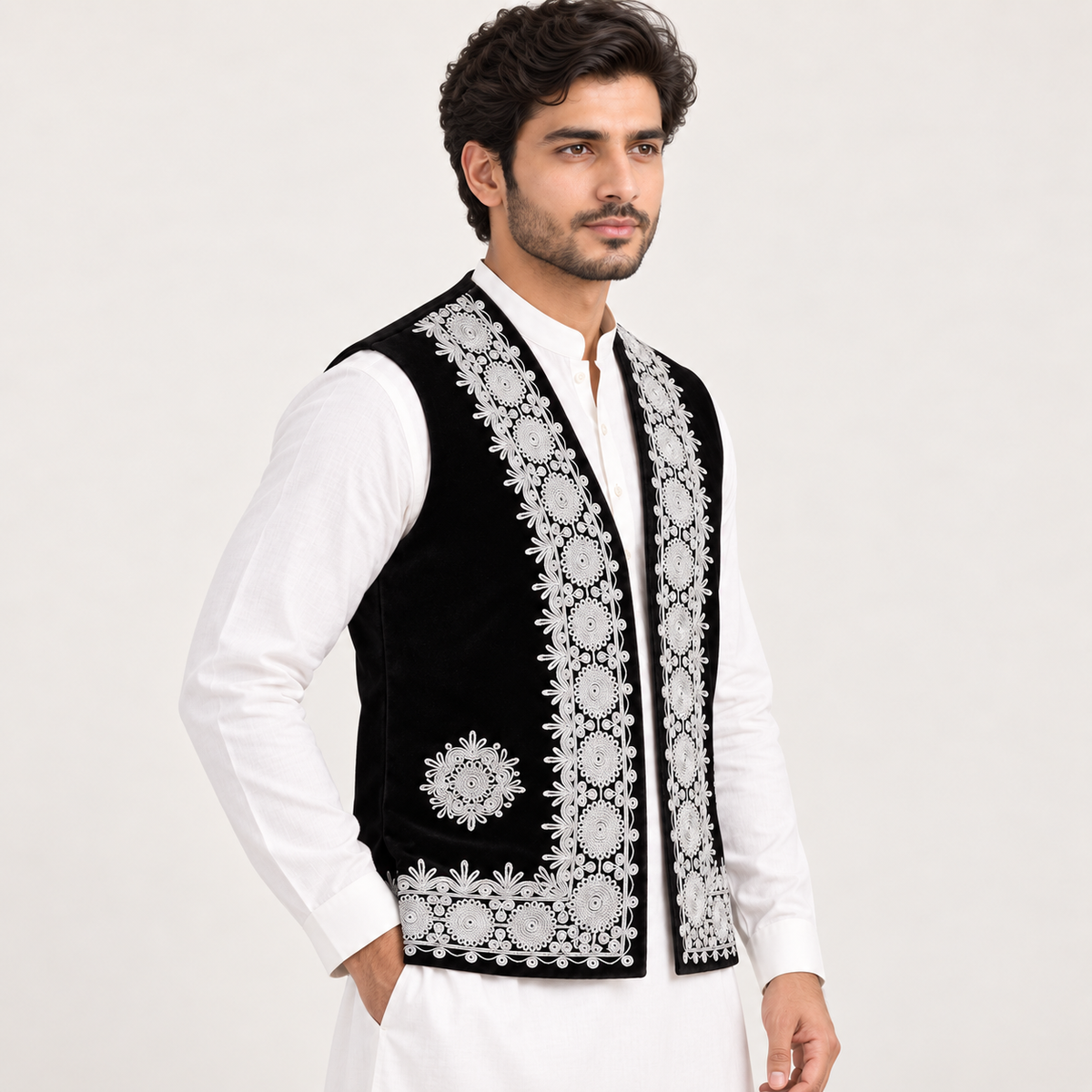 Royal Noir Embroidered Velvet Waistcoat