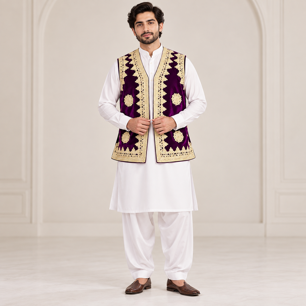 Royal Plum Gold Embroidered Velvet Waistcoat