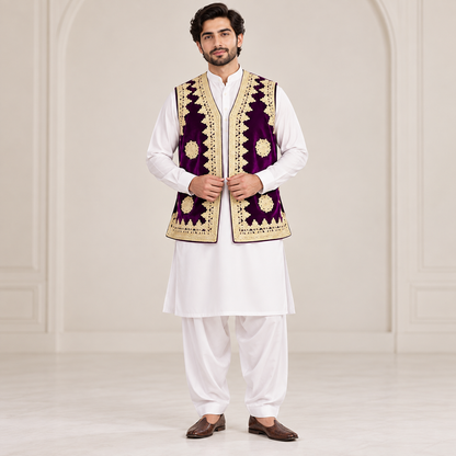 Royal Plum Gold Embroidered Velvet Waistcoat