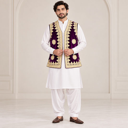 Royal Plum Gold Embroidered Velvet Waistcoat