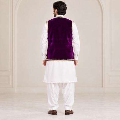 Royal Plum Gold Embroidered Velvet Waistcoat