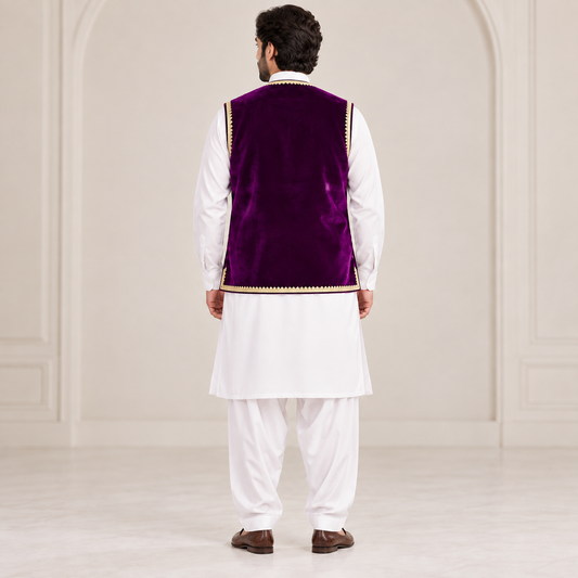Royal Plum Gold Embroidered Velvet Waistcoat