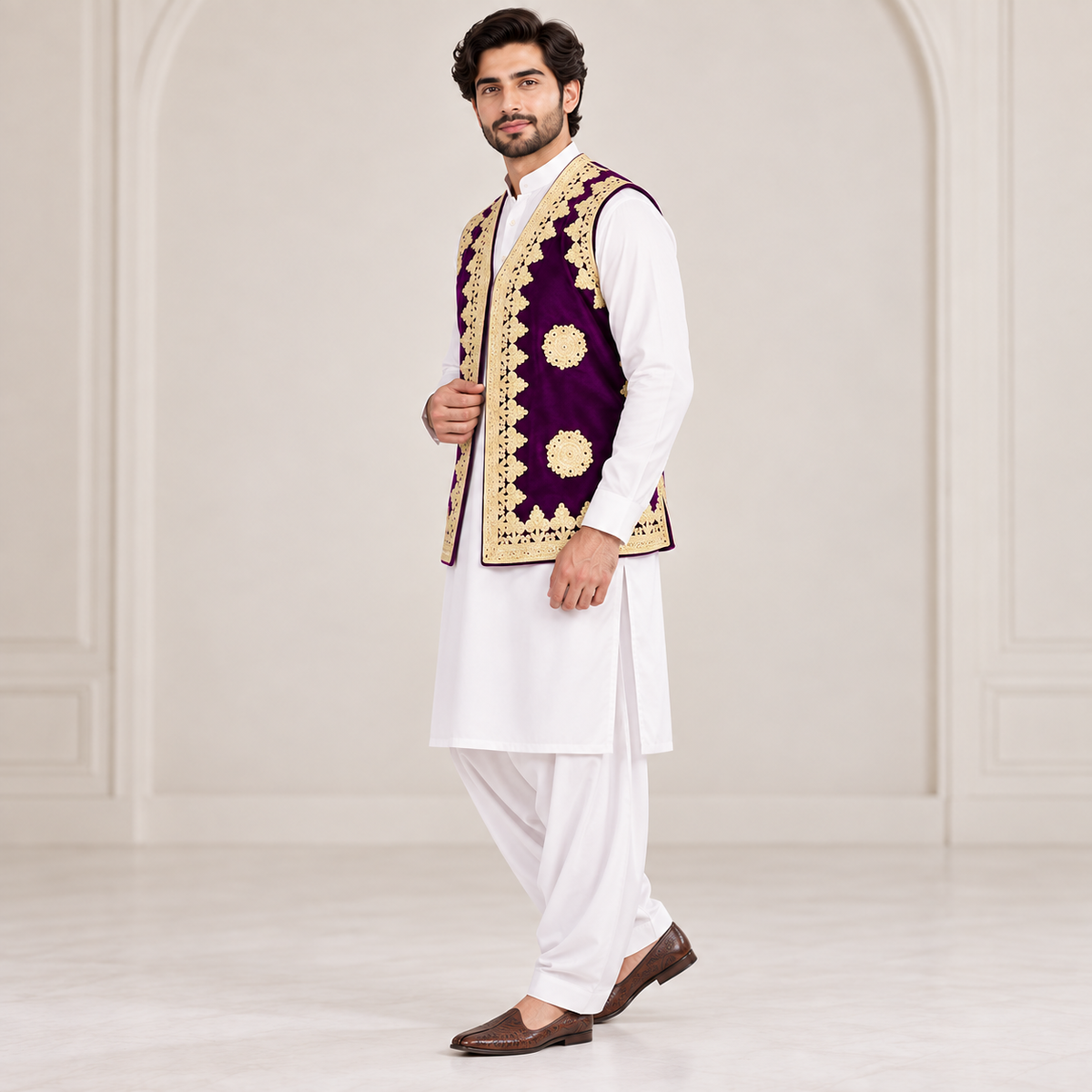 Royal Plum Gold Embroidered Velvet Waistcoat