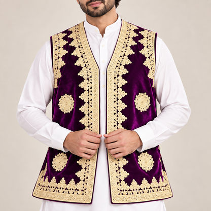 Royal Plum Gold Embroidered Velvet Waistcoat