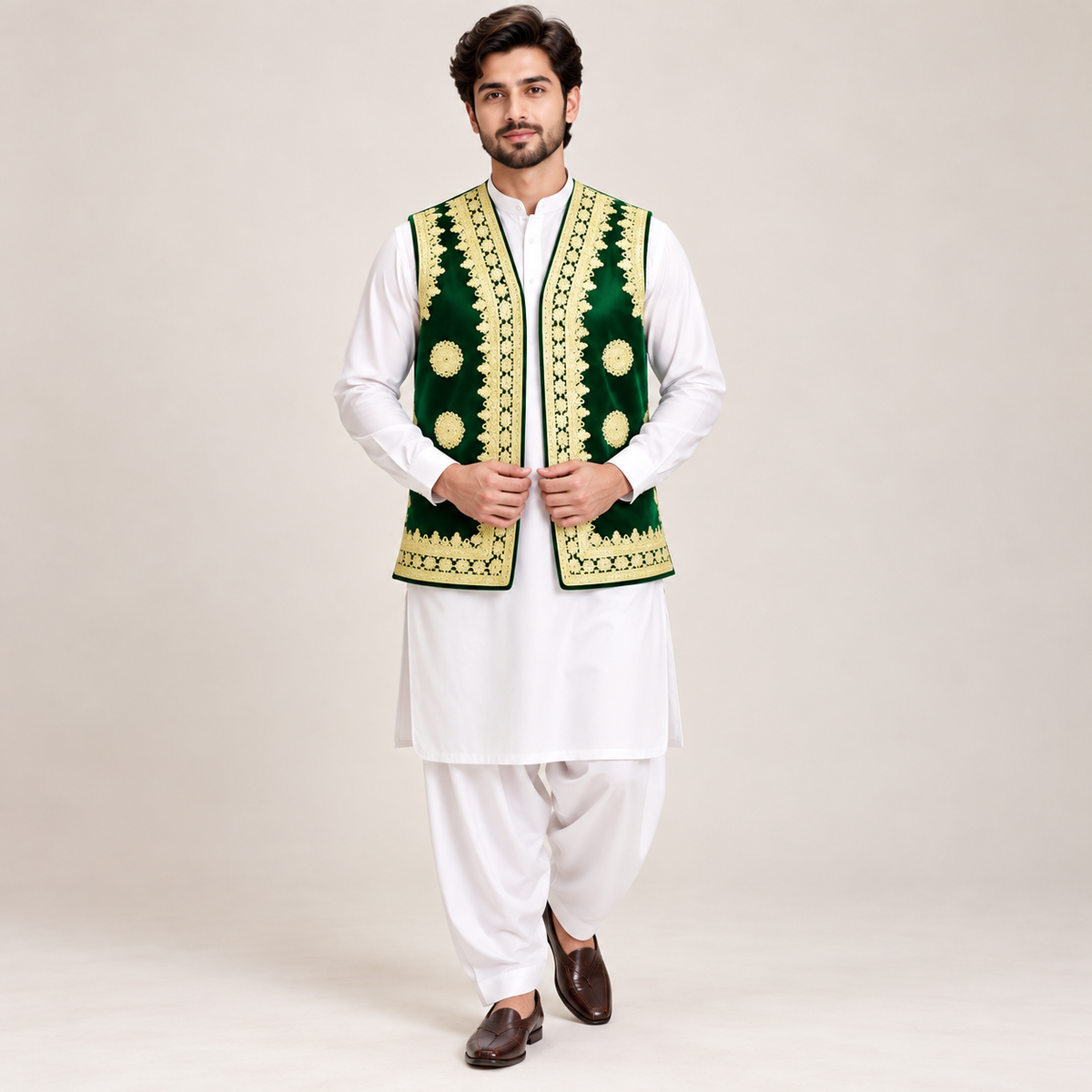 Emerald Royale Gold Embroidered Velvet Waistcoat