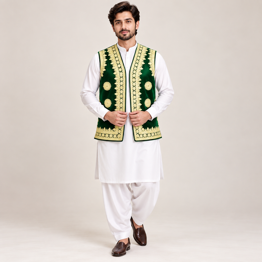 Emerald Royale Gold Embroidered Velvet Waistcoat