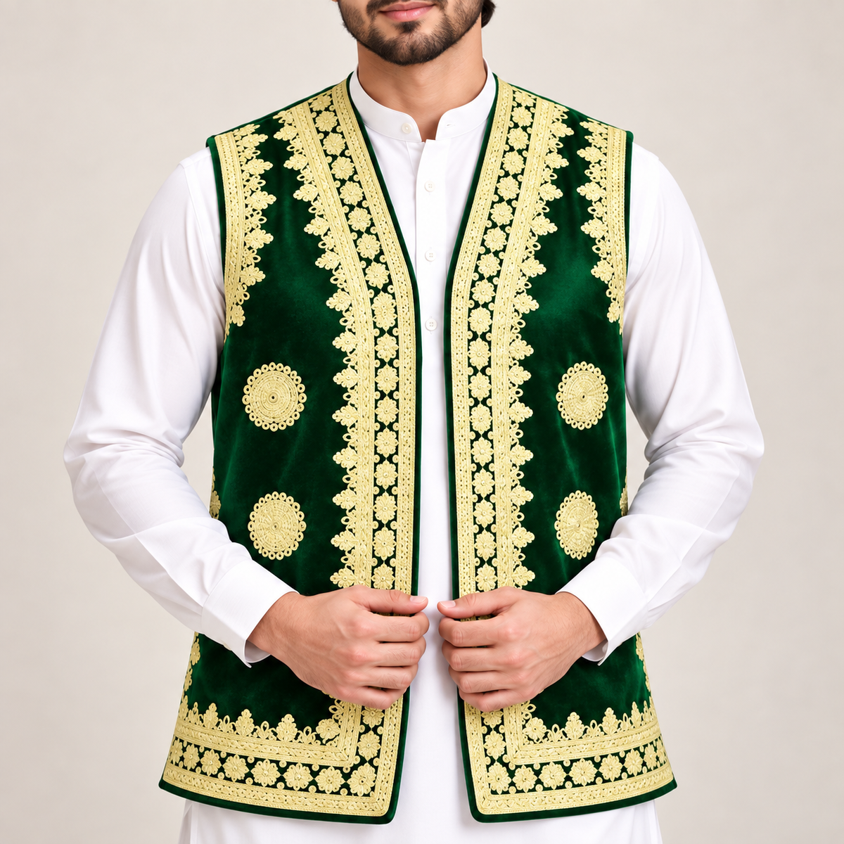 Emerald Royale Gold Embroidered Velvet Waistcoat