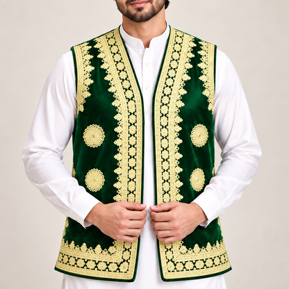 Emerald Royale Gold Embroidered Velvet Waistcoat