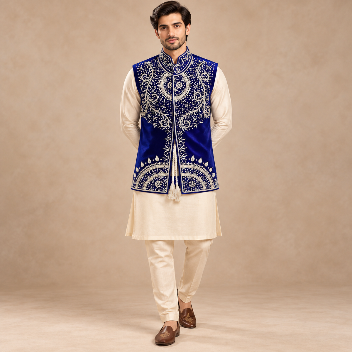 Royal Cobalt Silver Embroidered Velvet Waistcoat