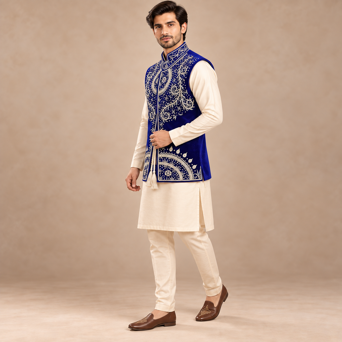 Royal Cobalt Silver Embroidered Velvet Waistcoat