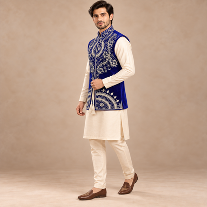 Royal Cobalt Silver Embroidered Velvet Waistcoat