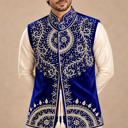 Royal Cobalt Silver Embroidered Velvet Waistcoat