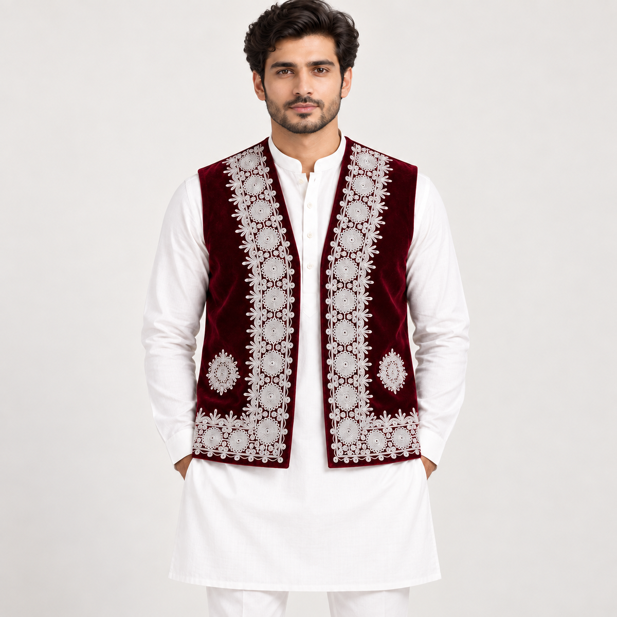Royal Maroon Embroidered Velvet Waistcoat