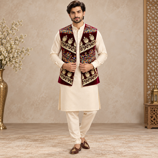 Royal Maroon Multicolor Embroidered Velvet Waistcoat
