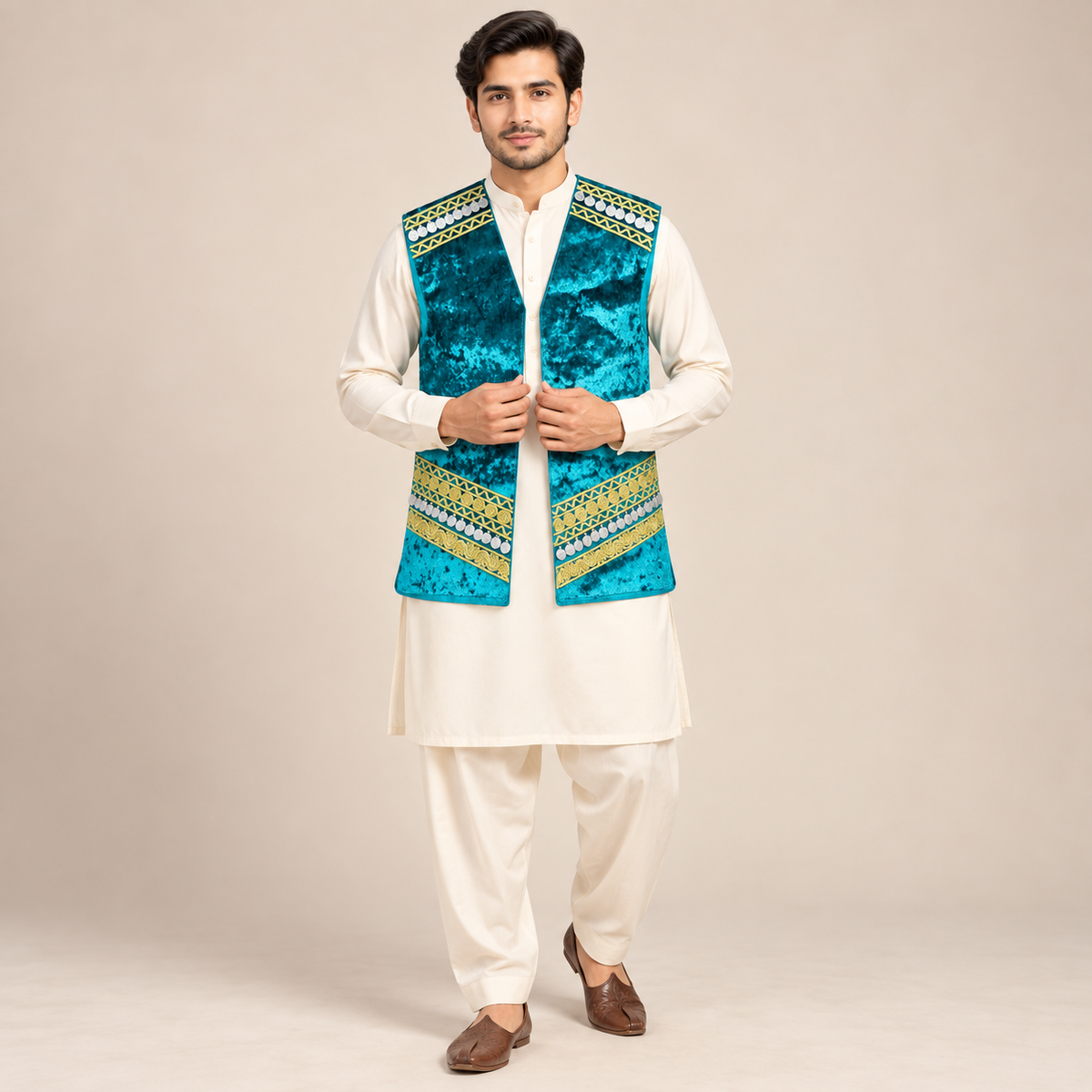 Turquoise Heritage Velvet Waistcoat