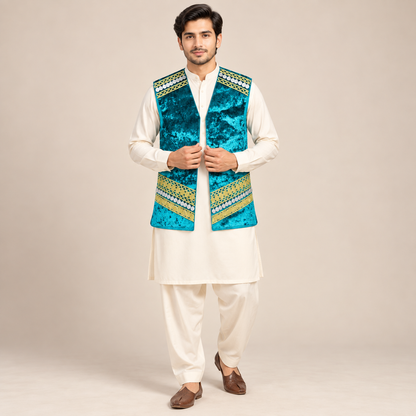 Turquoise Heritage Velvet Waistcoat