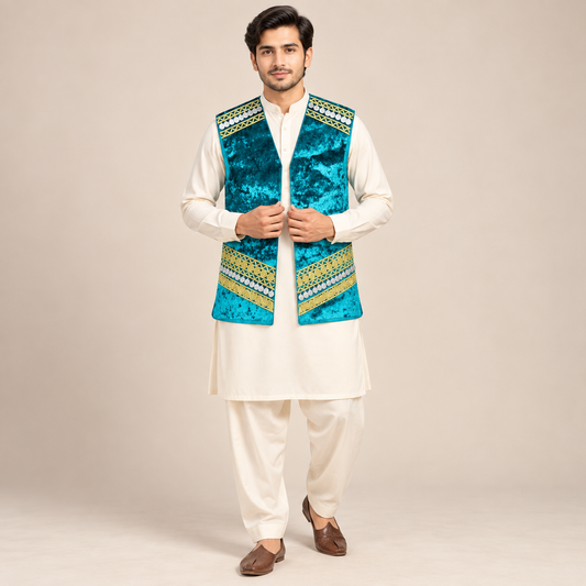 Turquoise Heritage Velvet Waistcoat