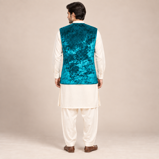 Turquoise Heritage Velvet Waistcoat