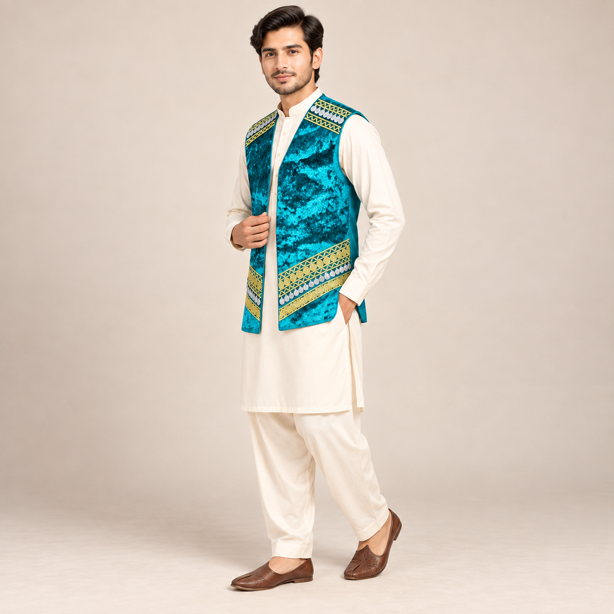 Turquoise Heritage Velvet Waistcoat