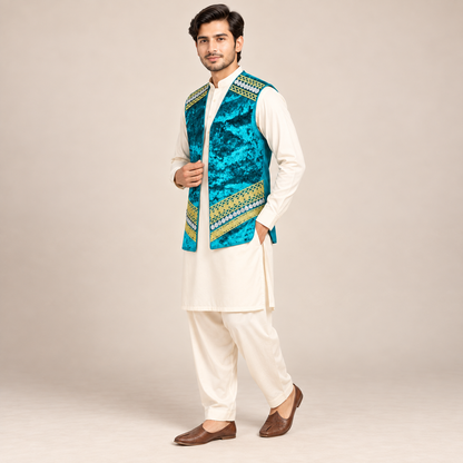 Turquoise Heritage Velvet Waistcoat