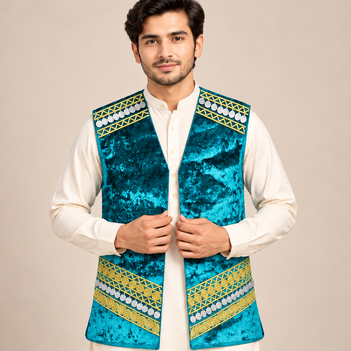 Turquoise Heritage Velvet Waistcoat