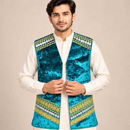 Turquoise Heritage Velvet Waistcoat