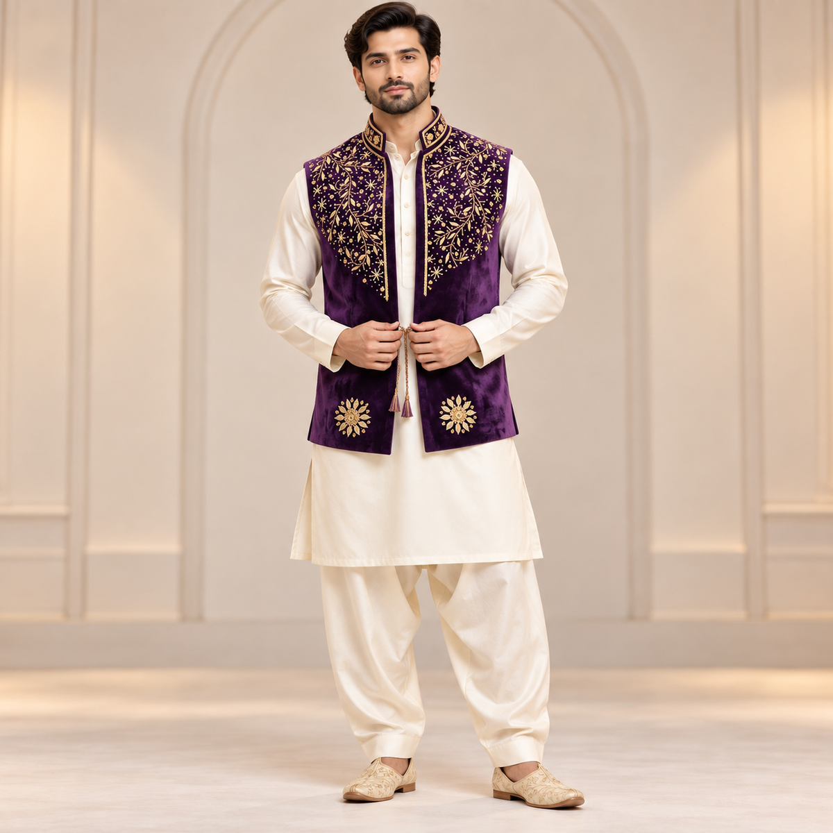 Regal Plum Gold Embroidered Velvet Waistcoat